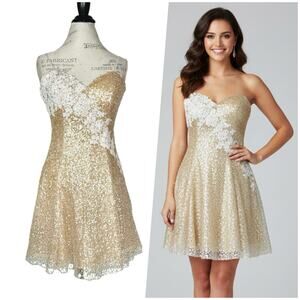 Jovani | Women | Gold Sequin Crystal Lace Cocktail Party Prom Mini Dress | Sz 4